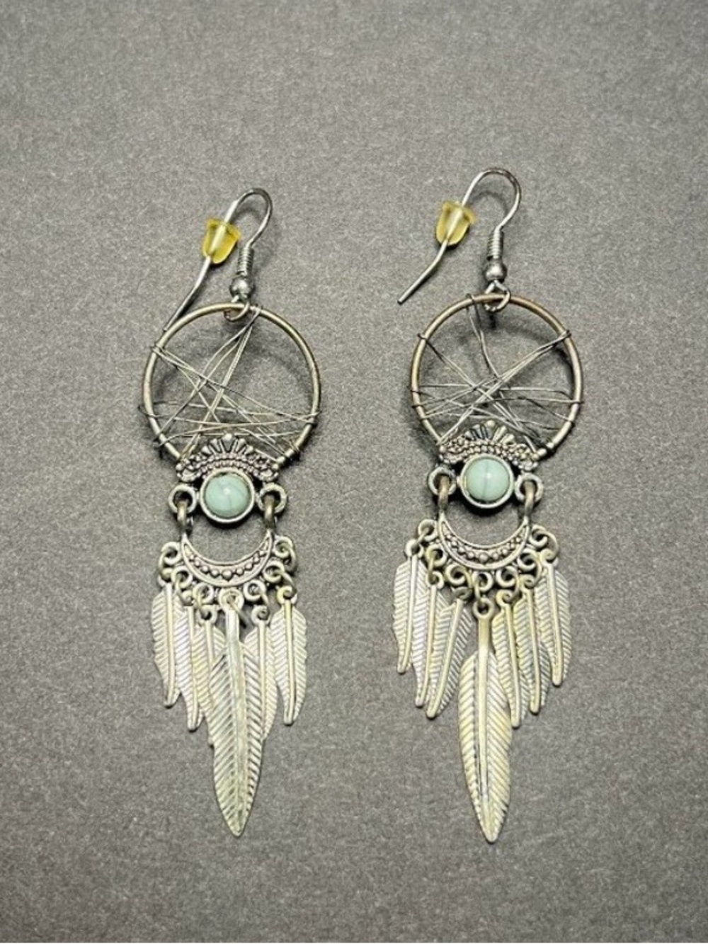 Beautiful Boho Silver Tone Dream Catcher w/ Metal Feathers Dangle Earrings 3"